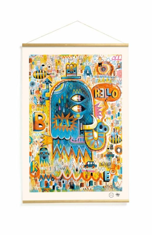 Colorful wall hanging featuring limited edition street art on tear-proof paper, perfect for inspiring creativity in children's rooms.