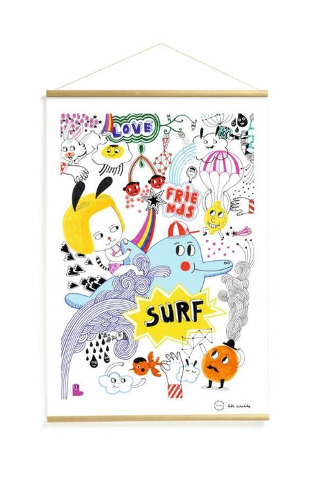 Vibrant 'Surf's Party' wall hanging by Djeco, featuring whimsical graphics on tear-proof paper with wooden rods, ideal for kids' spaces.