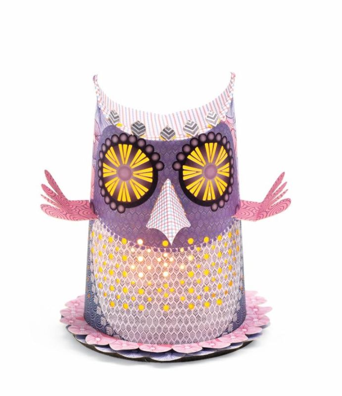 Owl-shaped night light by Djeco with a soothing LED glow and paper cut-out design, ideal for comforting children's rooms.