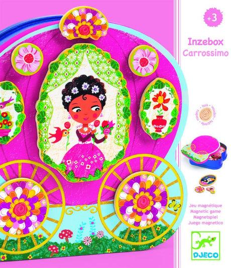 Colorful wooden magnetic figures for imaginative play, designed to decorate a carriage, suitable for children ages 3 and up.