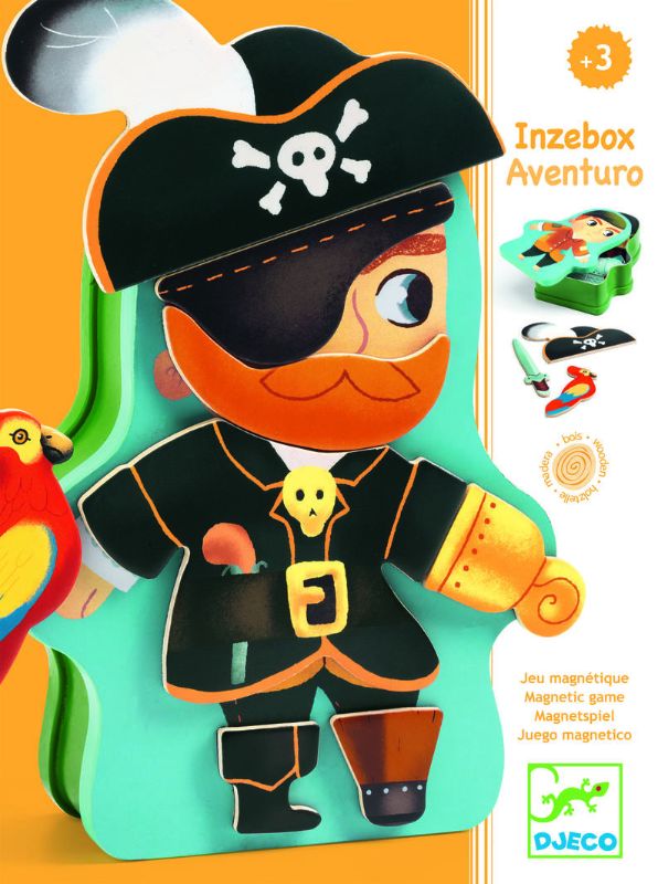 Colorful magnetic adventure set by Djeco for imaginative play, featuring pirate and wild-west themed characters in a vibrant metal box.