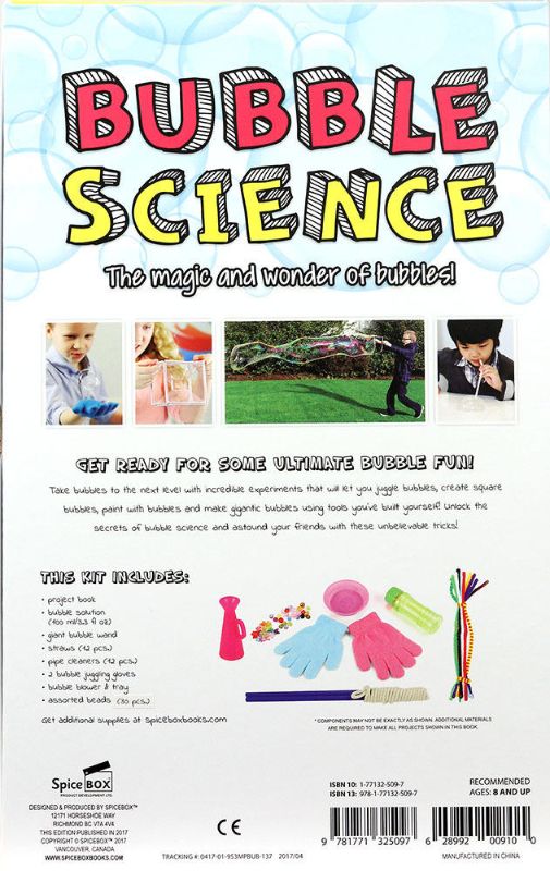 Colorful Bubble Science Kit by Spice Box featuring experiments for juggling, painting, and creating gigantic bubbles.