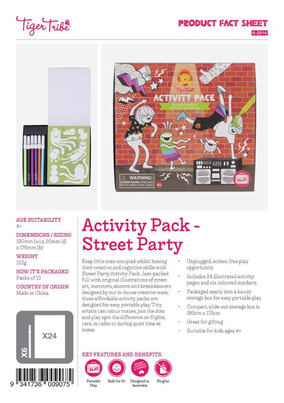 Activity Pack - Street Party by Tiger Tribe featuring 24 illustrated activity pages of street art for creative kids aged 4+.