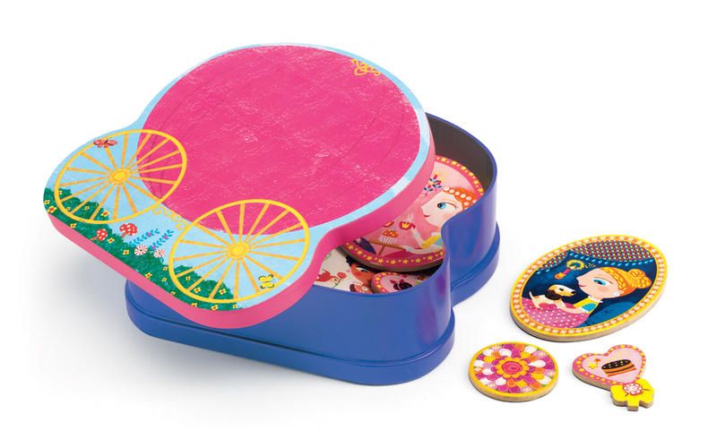 Colorful Djeco Carossimo Magnetic Games set with 47 wooden and metal pieces for creative play and artistic expression.