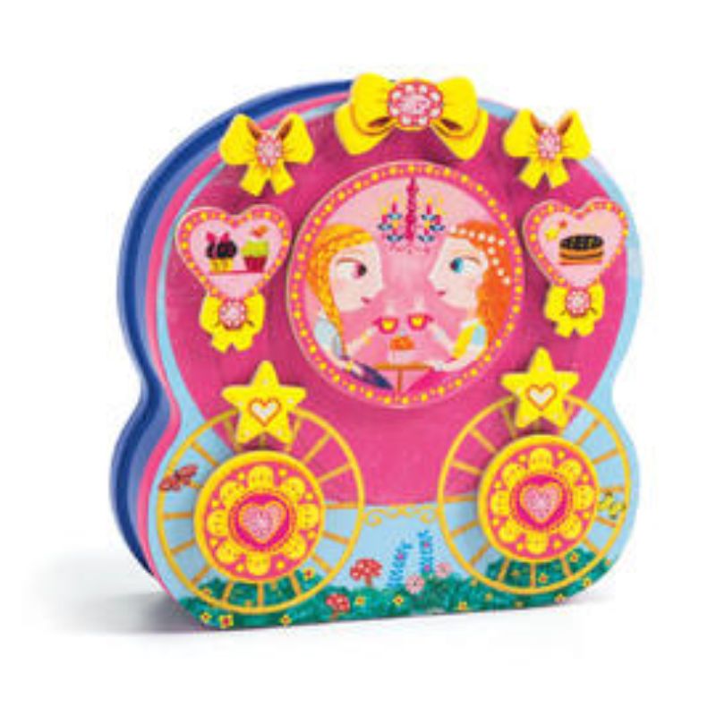 Colorful Djeco Carossimo magnetic game set featuring 47 wooden figures for creative carriage decoration, ideal for imaginative play.