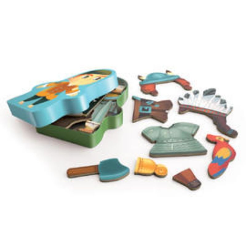 Magnetic playset by Djeco featuring adventure-themed pieces for imaginative pirate and wild-west storytelling.