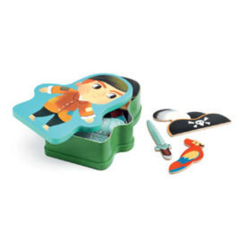 Colorful magnetic adventure playset from Djeco, featuring pirate and wild-west characters in a vibrant metallic box.
