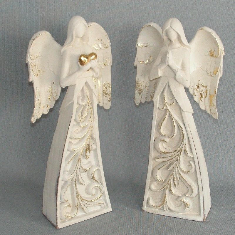 Matte white angel ornaments with gold accents, set of 2, perfect for elegant holiday decor, each 28cm tall.