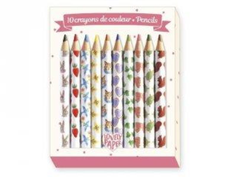 Mini Coloured Pencils - Aiko by Djeco in 4 vibrant packs, featuring 40 pencils adorned with enchanting nature designs.