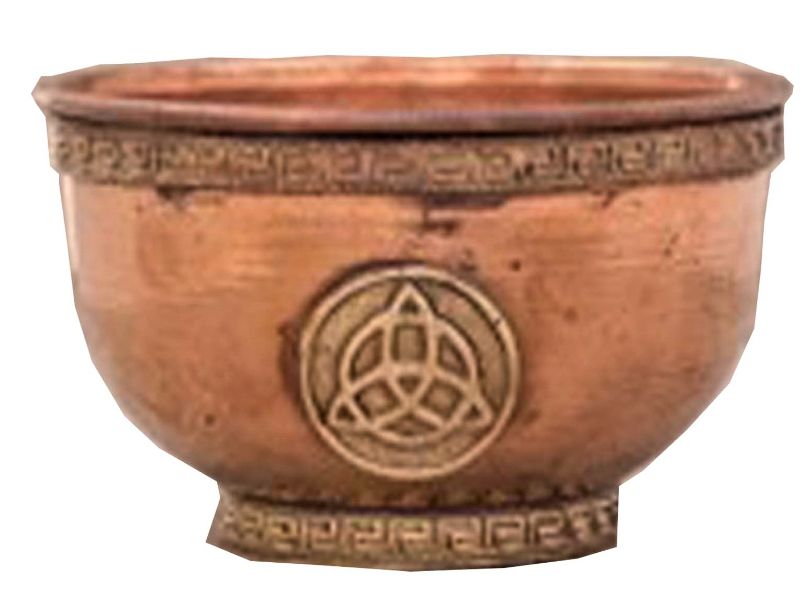 Handcrafted copper offering bowl (7.6cm) with intricate Triquetra carvings, perfect for incense and meditation.