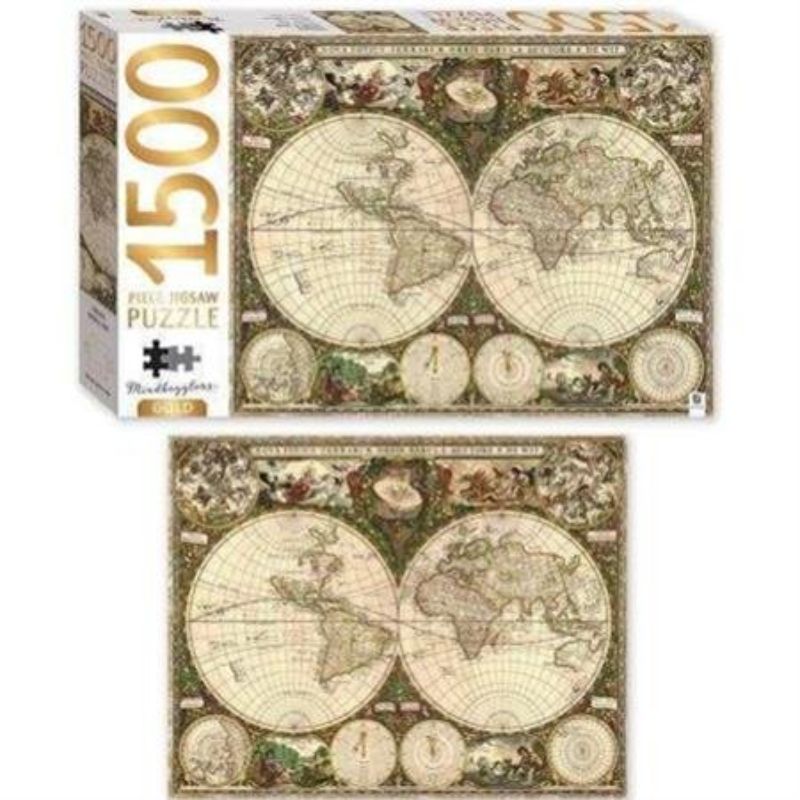 Intricate 1500-piece jigsaw puzzle of a vintage world map with elegant gold highlights, ideal for enthusiasts and collectors.