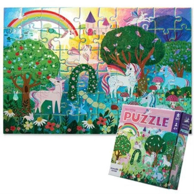 Foil puzzle featuring a vibrant unicorn design, 60 sturdy pieces for kids aged 4+, promotes creativity and problem-solving.