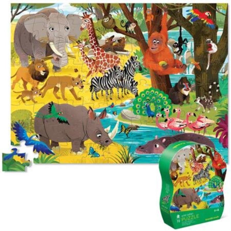 Jr. Shaped Box Puzzle featuring vibrant safari wildlife, perfect for kids 6+, enhances motor skills and cognitive development.