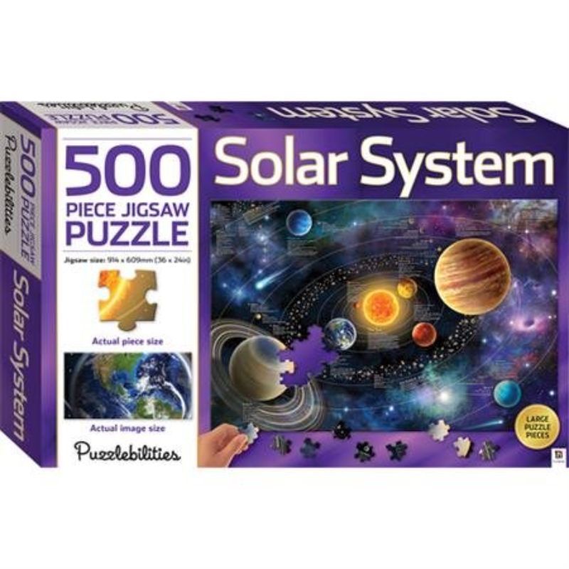 Colorful 500-piece jigsaw puzzle featuring the solar system, ideal for ages 5 and up, promoting fun and learning.