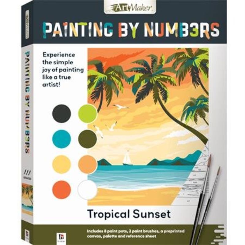 Paint by Numbers kit featuring a vibrant tropical sunset design, perfect for beginners and seasoned artists to create beautiful art.