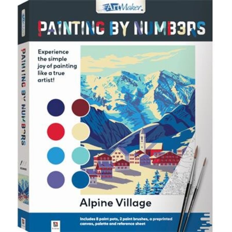 Paint by Numbers Kit featuring a serene alpine village scene, includes canvas, paints, brushes, and reference guide.