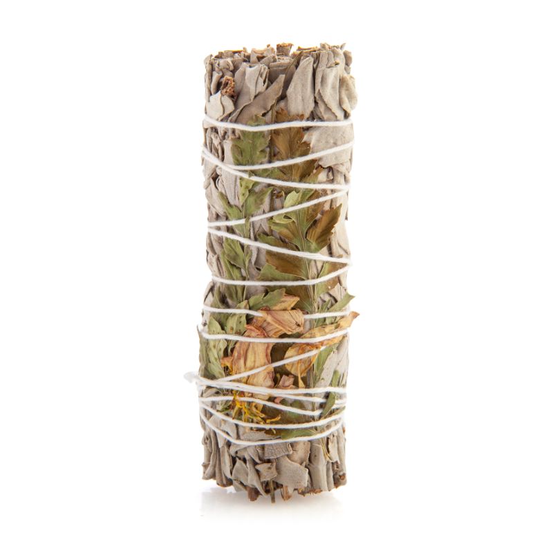 Hand-bound 11cm smudge stick with white sage and marigolds, perfect for cleansing and creating a peaceful atmosphere.