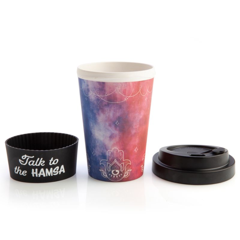 Eco-friendly bamboo cup with Hamsa design, holds 470ml, features a black lid and silicone band for travel use.