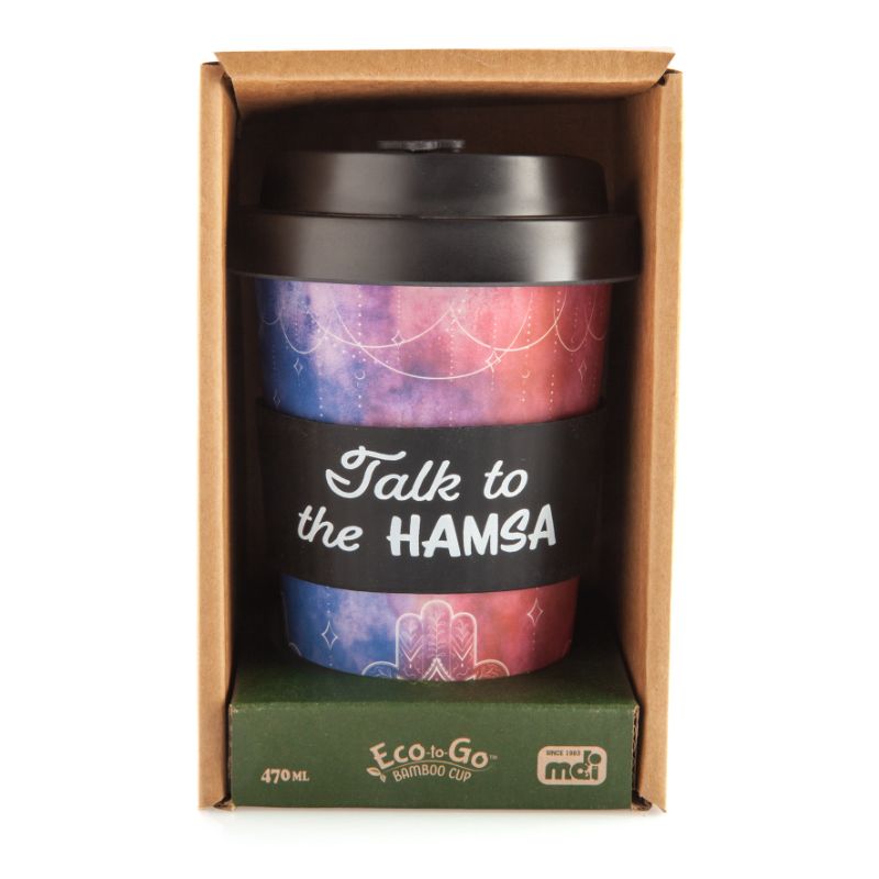 Eco-friendly bamboo cup featuring Hamsa designs, a secure lid, and silicone band, holding 470ml for sustainable sipping.