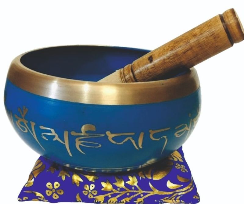 Medium 14cm blue singing bowl, perfect for meditation with soothing tones, includes cushion for stability.