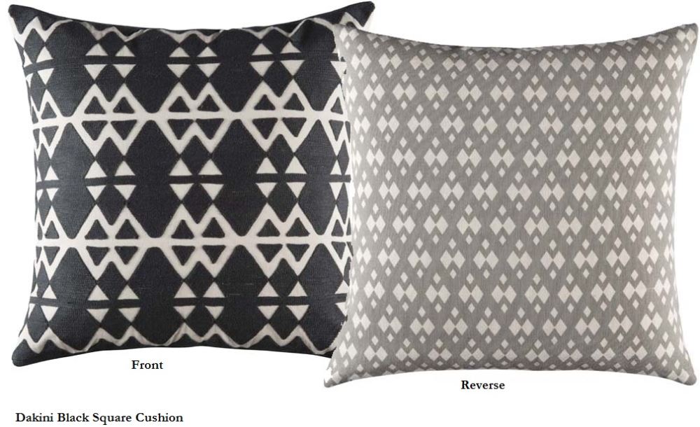 Elegant black 48cm cushion by Kas featuring intricate crewel embroidery, perfect for enhancing any living space.