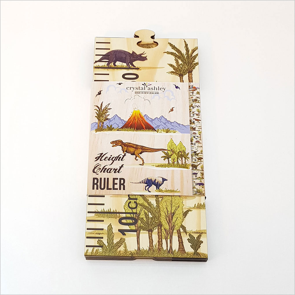 Colorful dinosaur-themed growth chart ruler made from eco-friendly pine, featuring puzzle pieces for interactive fun.