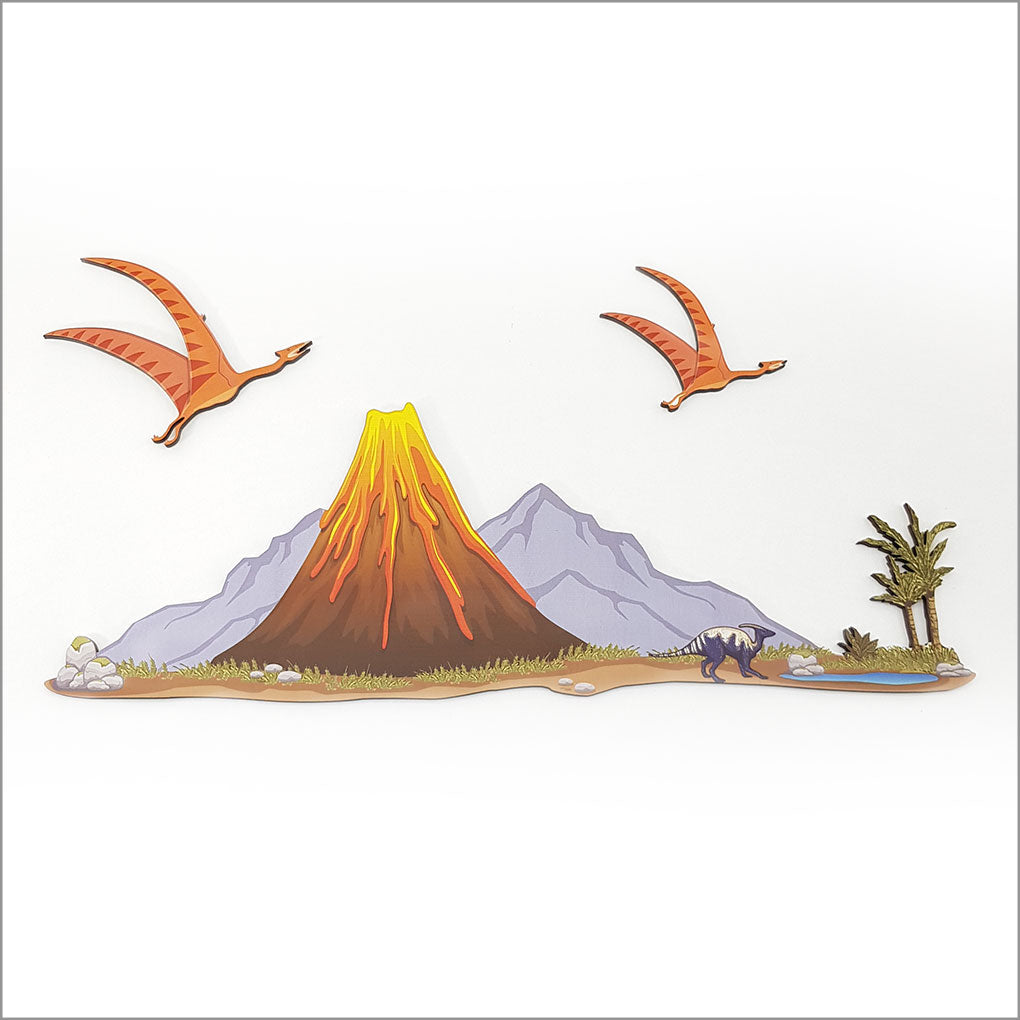 Pine Wall Art featuring a Volcano design, crafted from eco-friendly pine veneer, measuring 370mm x 125mm x 4mm.