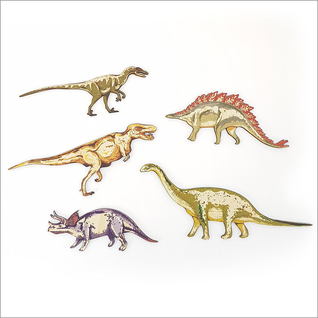Colorful dinosaur wall art set for kids, made from eco-friendly pine veneer to enhance and inspire imaginative decor.