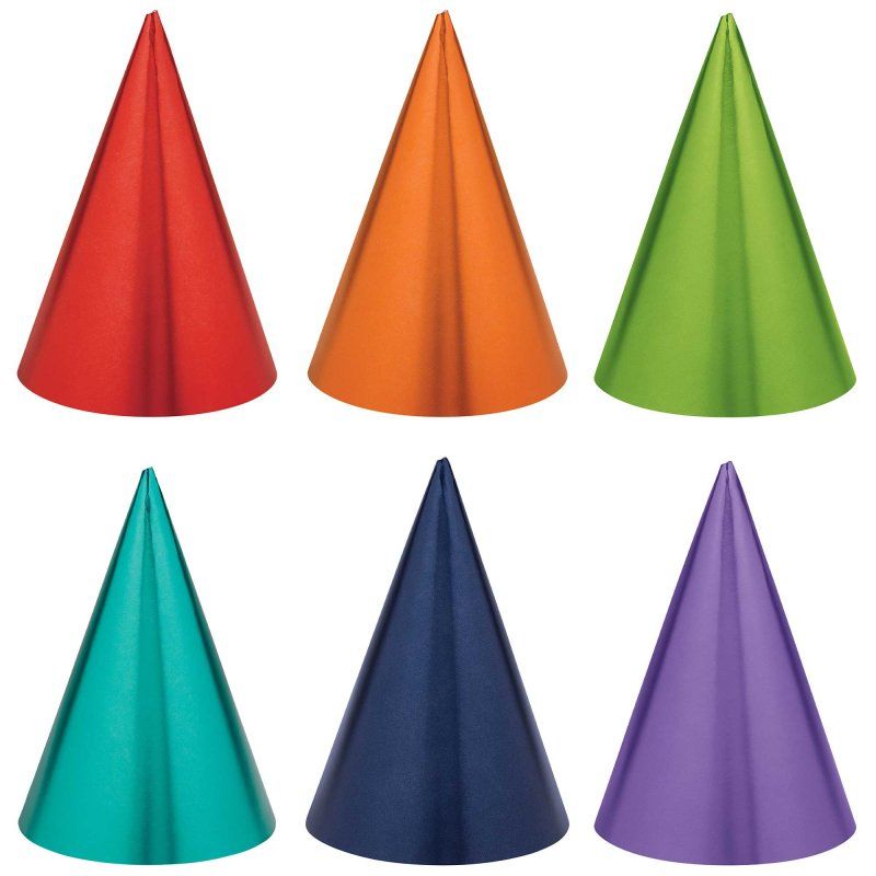 Party Cone Hats - BDAY Rainbow Foil (17cm)(Pack of - 12)