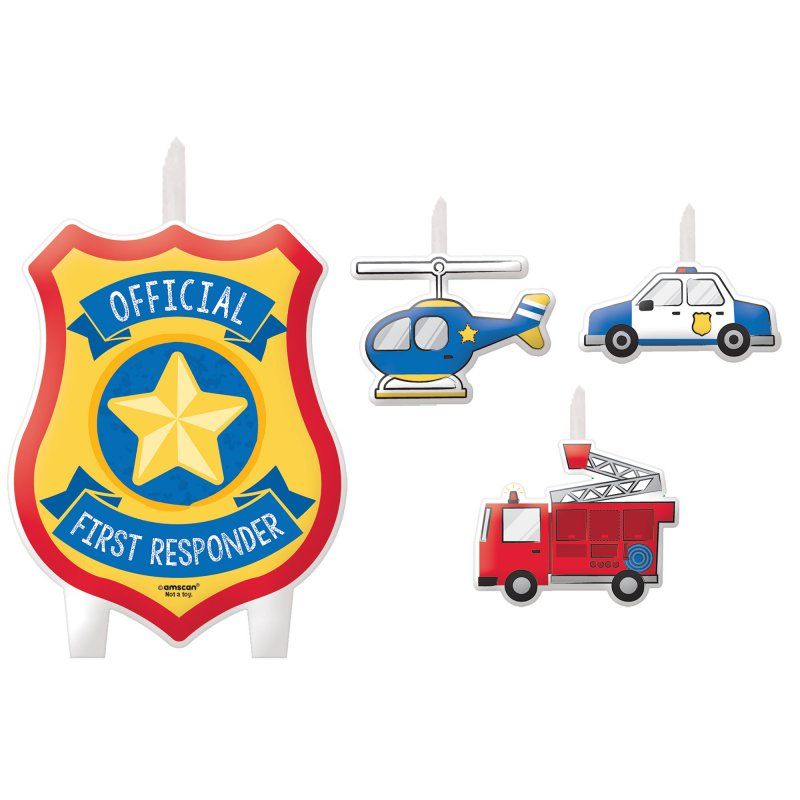 Colorful candle set for first responders' birthdays, featuring 4 candles in vibrant designs, perfect for celebrations.
