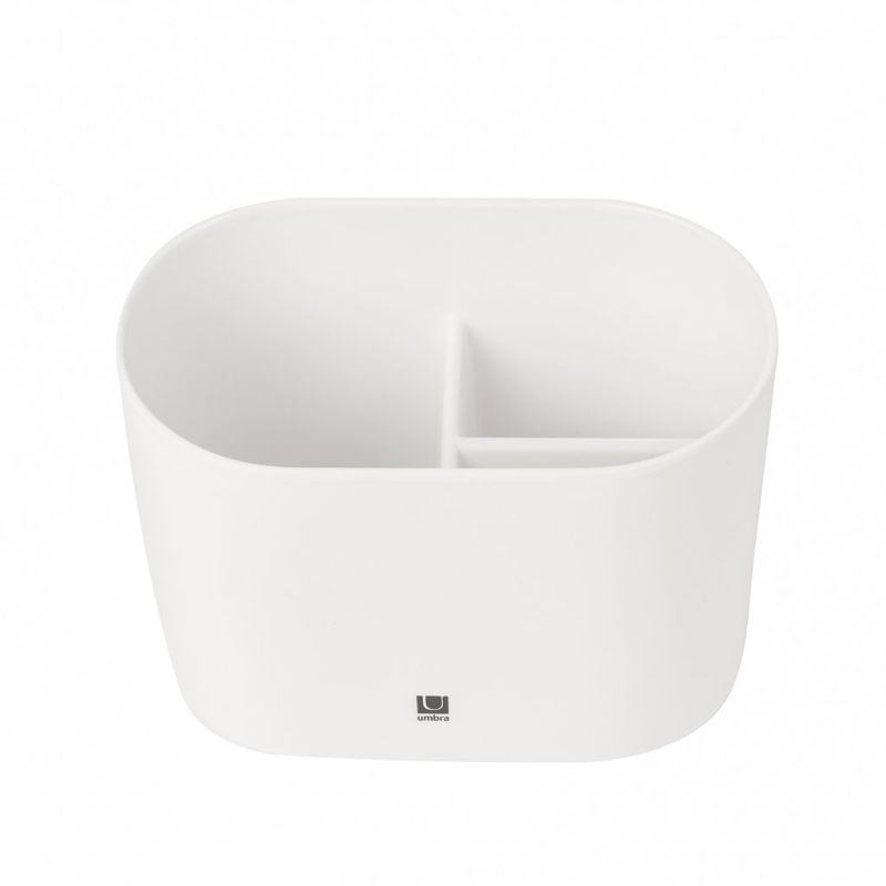 Sleek white melamine toothbrush holder with three compartments, ideal for organized and hygienic bathroom storage.