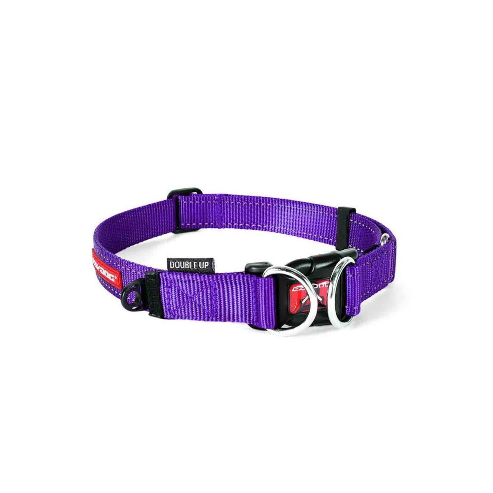 Purple Ezy Dog Collar Double Up, Medium size with dual D-Rings for safety, soft webbing, and reflective stitching for visibility.