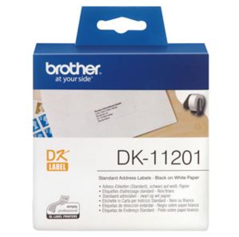 Brother DK11201 address labels roll with 400 white pre-cut labels, measuring 29mm x 90mm, for efficient mailing and organization.