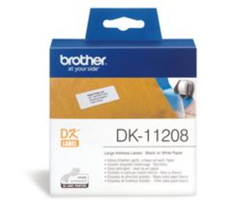 Large Brother DK11208 address labels (38mm x 90mm) in white, ideal for mailing, with 400 durable, adhesive labels per roll.