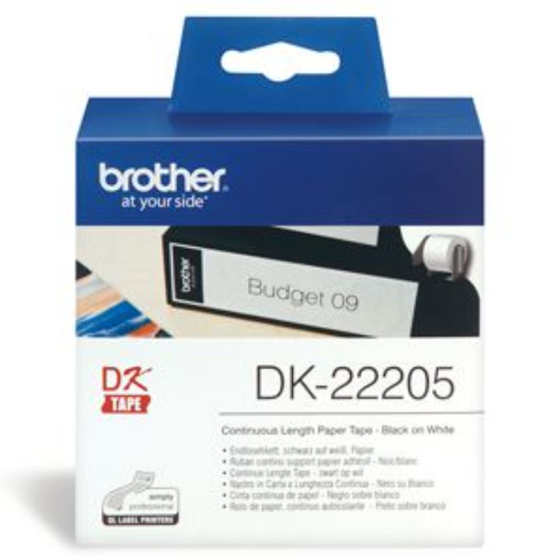 Brother DK22205 continuous paper label tape, 62mm x 30.48m, ideal for custom labeling in homes or offices.