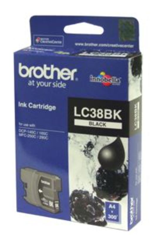 Brother LC38BK Black Ink Cartridge for crisp text and vibrant graphics, yielding up to 300 pages, compatible with various printers.