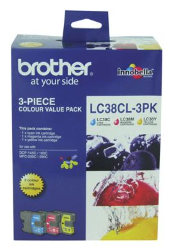 Brother LC38CL3PK CMY Colour Ink Cartridges triple pack includes cyan, magenta, and yellow for vibrant, high-quality prints.