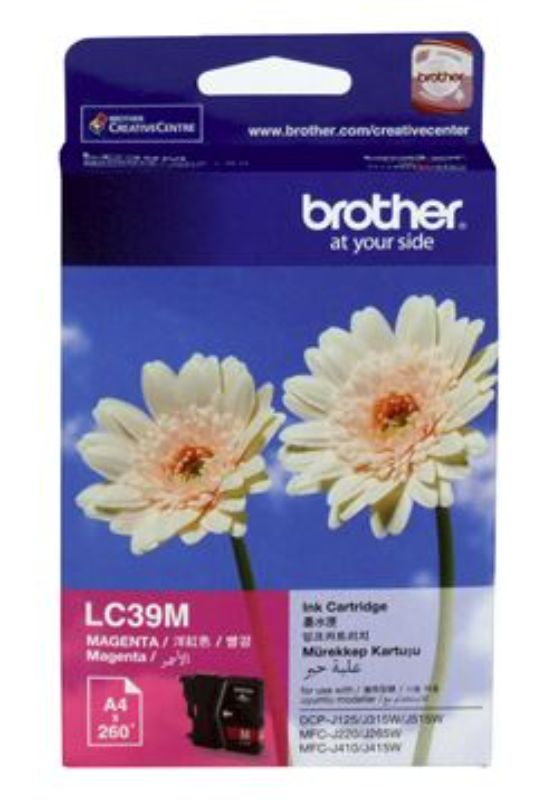 Brother LC39M Magenta Ink Cartridge for vibrant prints, compatible with multiple Brother printer models, yields up to 260 pages.