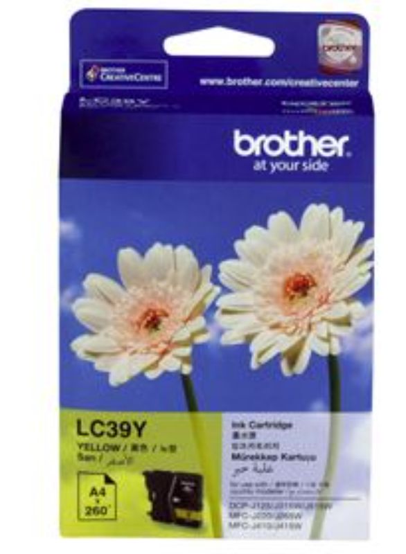 Brother LC39Y yellow ink cartridge for vivid prints, compatible with various Brother models; yields up to 260 pages.
