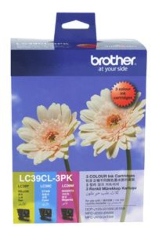 Brother LC39CL3PK CMY Color Ink Cartridges, including Cyan, Magenta, and Yellow, for vibrant, high-quality prints.