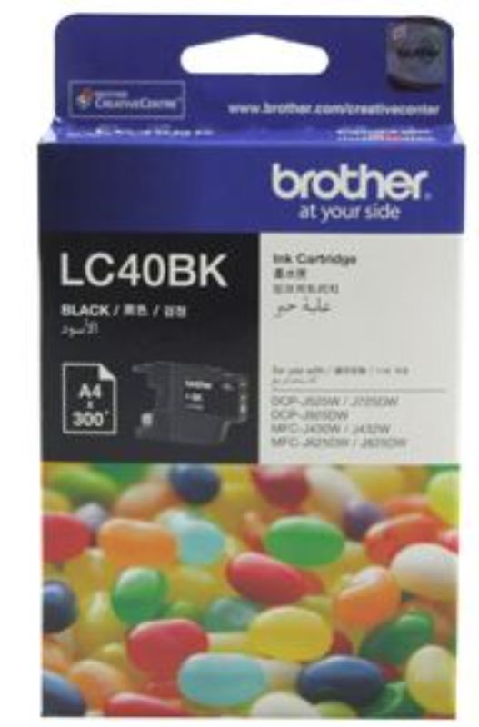 Brother LC40BK Black Ink Cartridge for crisp, professional prints, compatible with multiple Brother printers, yields 300 pages.