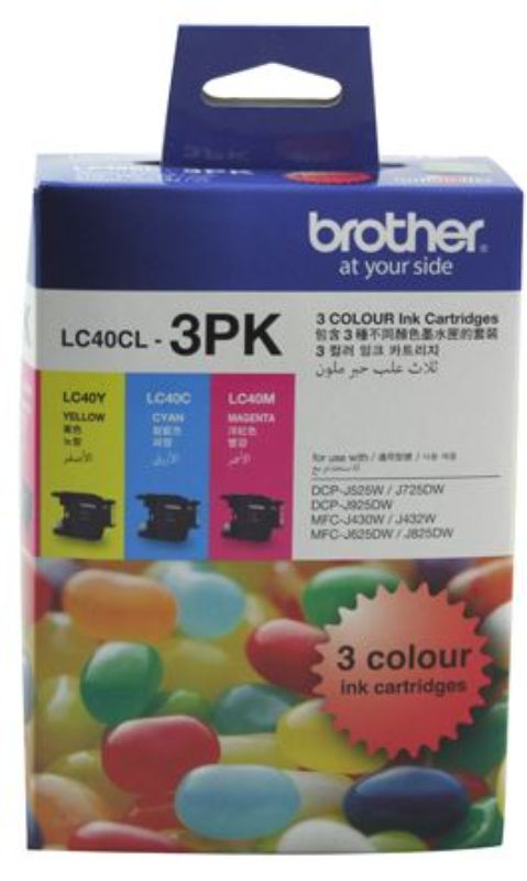 Brother LC40CL3PK CMY Colour Ink Cartridges triple pack for vibrant, high-quality prints, compatible with select Brother printers.