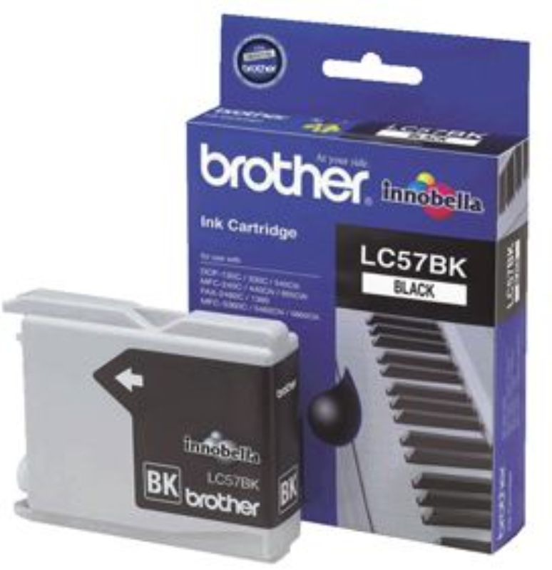 Brother LC57BK Black Ink Cartridge, producing crisp prints, compatible with numerous printer models, yields up to 500 pages.