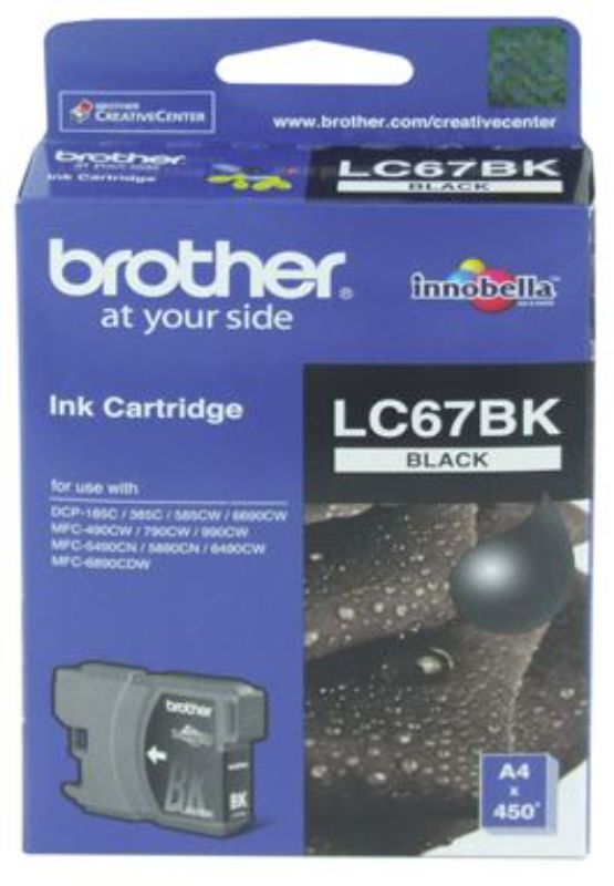 Brother LC67BK Black Ink Cartridge for sharp, dark prints; yields up to 450 pages for home and office use.