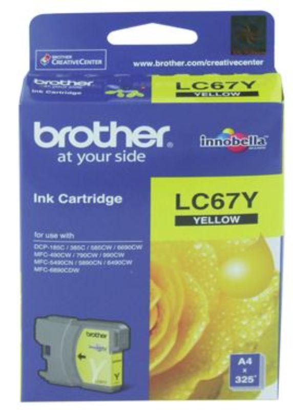 Brother LC67Y Yellow Ink Cartridge for bright prints, compatible with multiple Brother models, yields up to 325 pages.