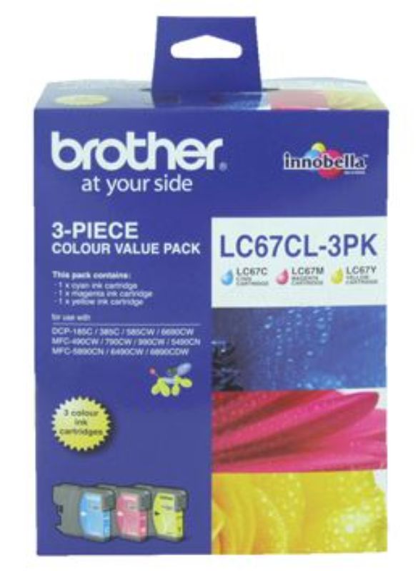 Brother LC67CL3PK CMY Ink Cartridges triple pack for vibrant prints, compatible with various Brother printers, yields 325 pages each.