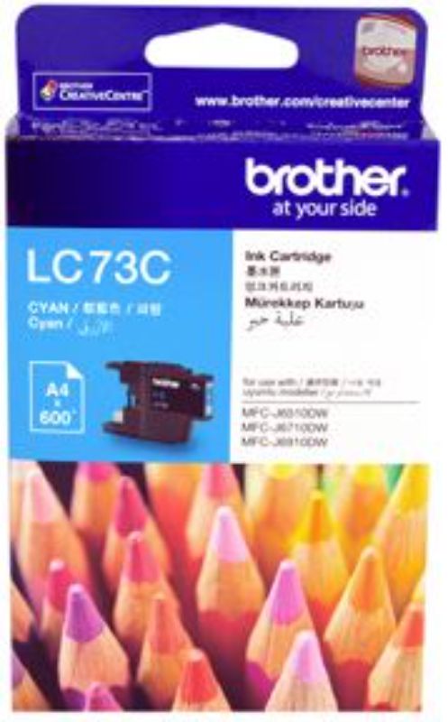Brother LC73C Cyan Ink Cartridge for vibrant colors, crisp text, and up to 600 pages of quality printing.