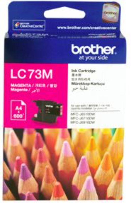 Brother LC73M Magenta Ink Cartridge for vibrant, high-quality prints, yielding up to 600 pages, compatible with various Brother printers.