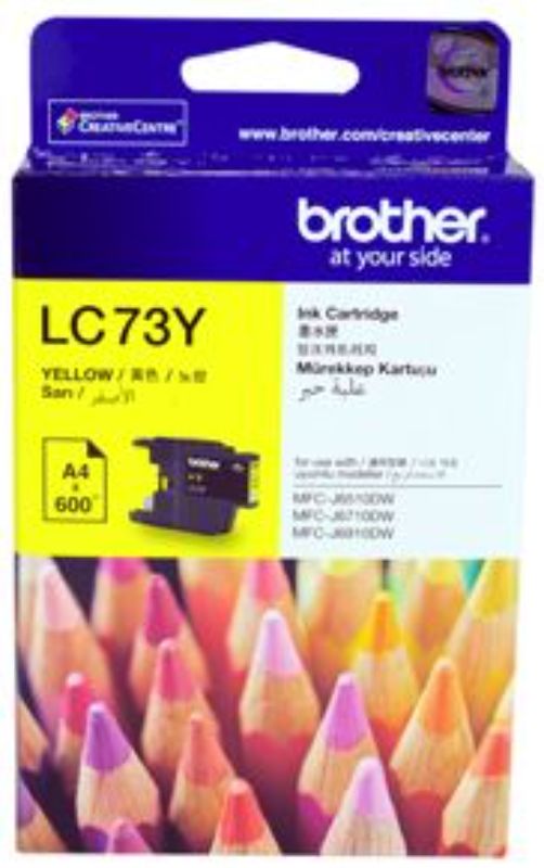 Brother LC73Y Yellow Ink Cartridge for vibrant prints, standard yield up to 600 pages, compatible with multiple Brother printers.