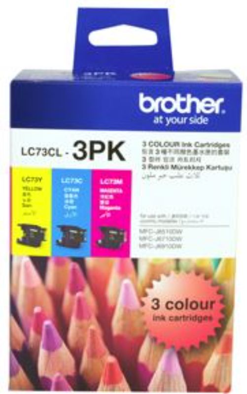Brother LC73CL3PK CMY Colour Ink Cartridges triple pack, featuring vibrant colors and high page yield for professional printing.